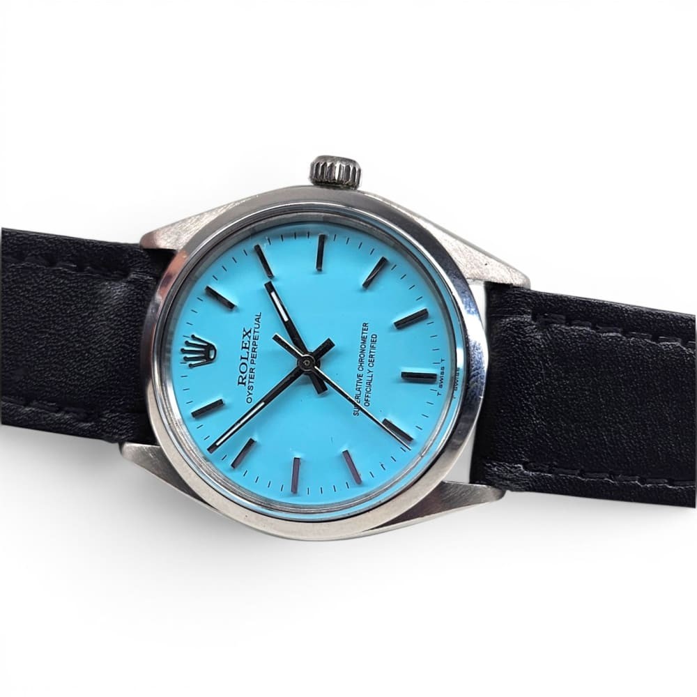 Rolex Oyster Perpetual 34mm Blue Turquoise Steel Automatic Watch 5500 Circa 1974