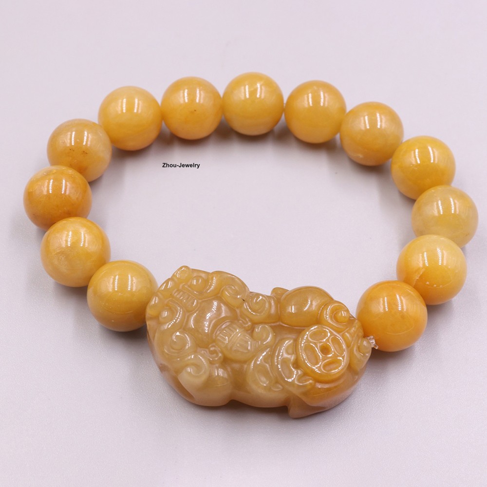 Natural Chinese Yellow Jade 13mm Bead and Rich Pixiu Handmade Elastic Bracelet