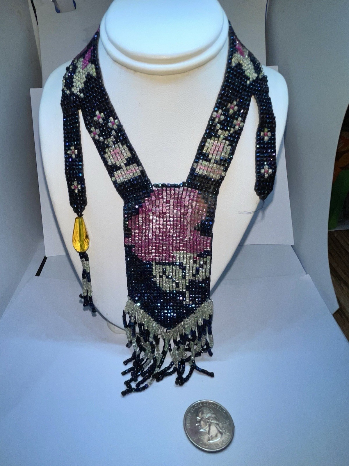 Art Deco Woven Fringe Blue Pink ROSE Design Necklace Sautoir Flapper 30” AS IS