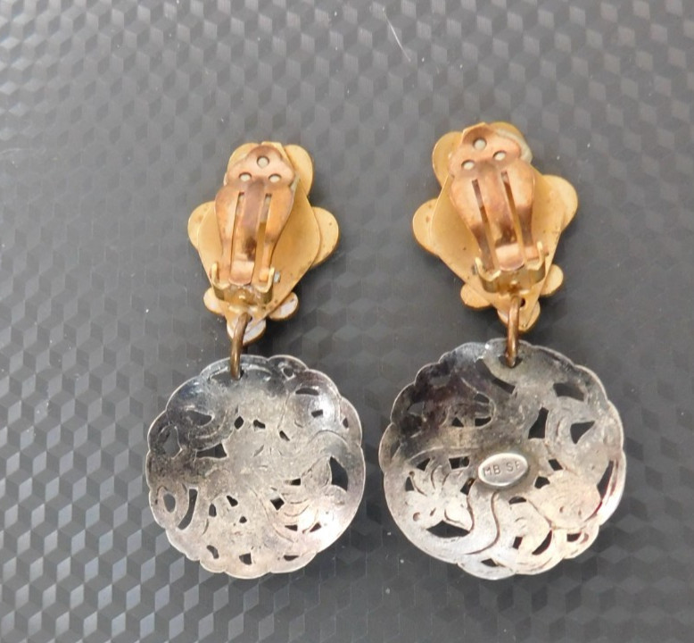 VTG Marjorie Baer MB SF Mixed Metal Etched Earrings Dangle Boho Clip On