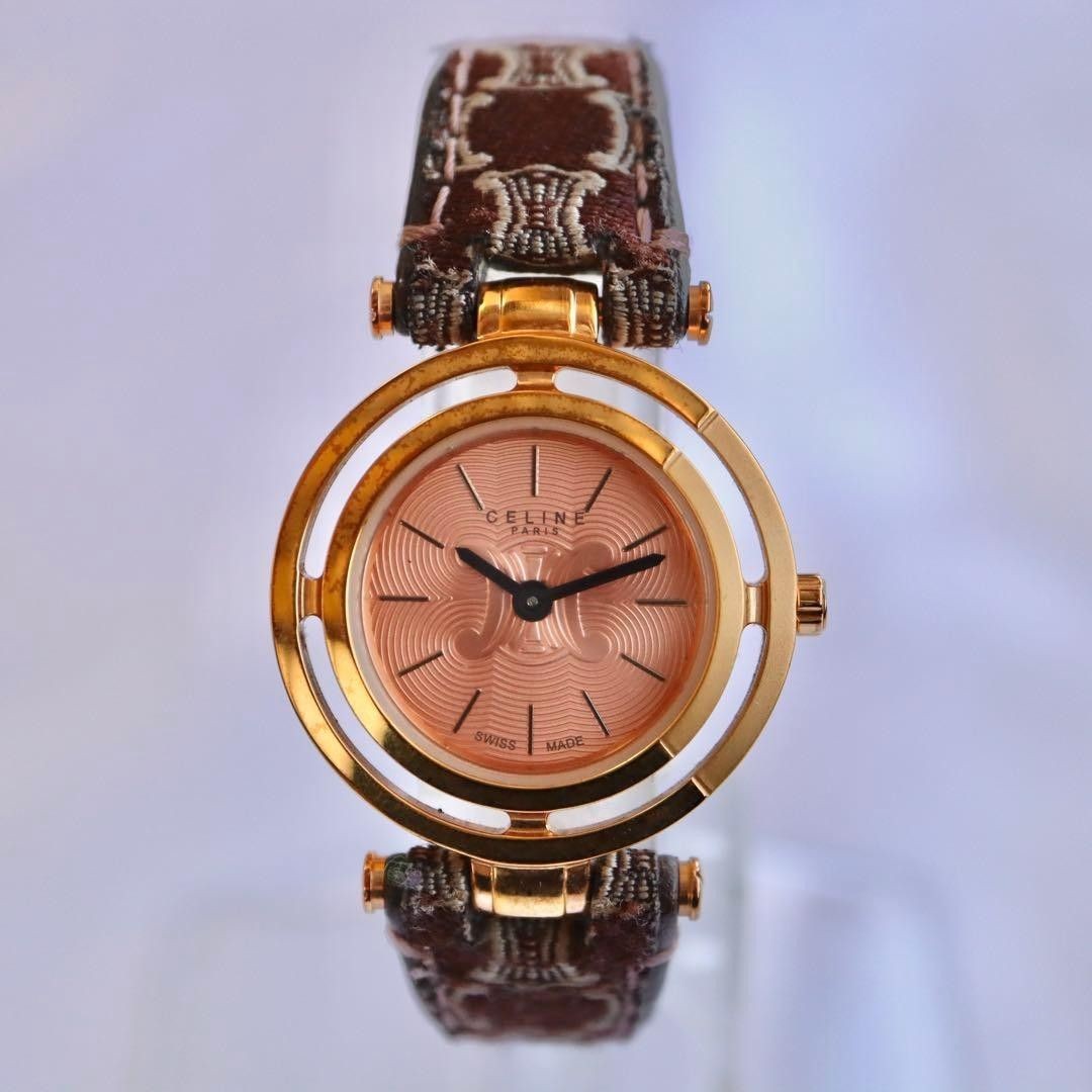 Vintage CELINE Macadam Triomphe Women’s Watch Pink Gold Dial Leather Working