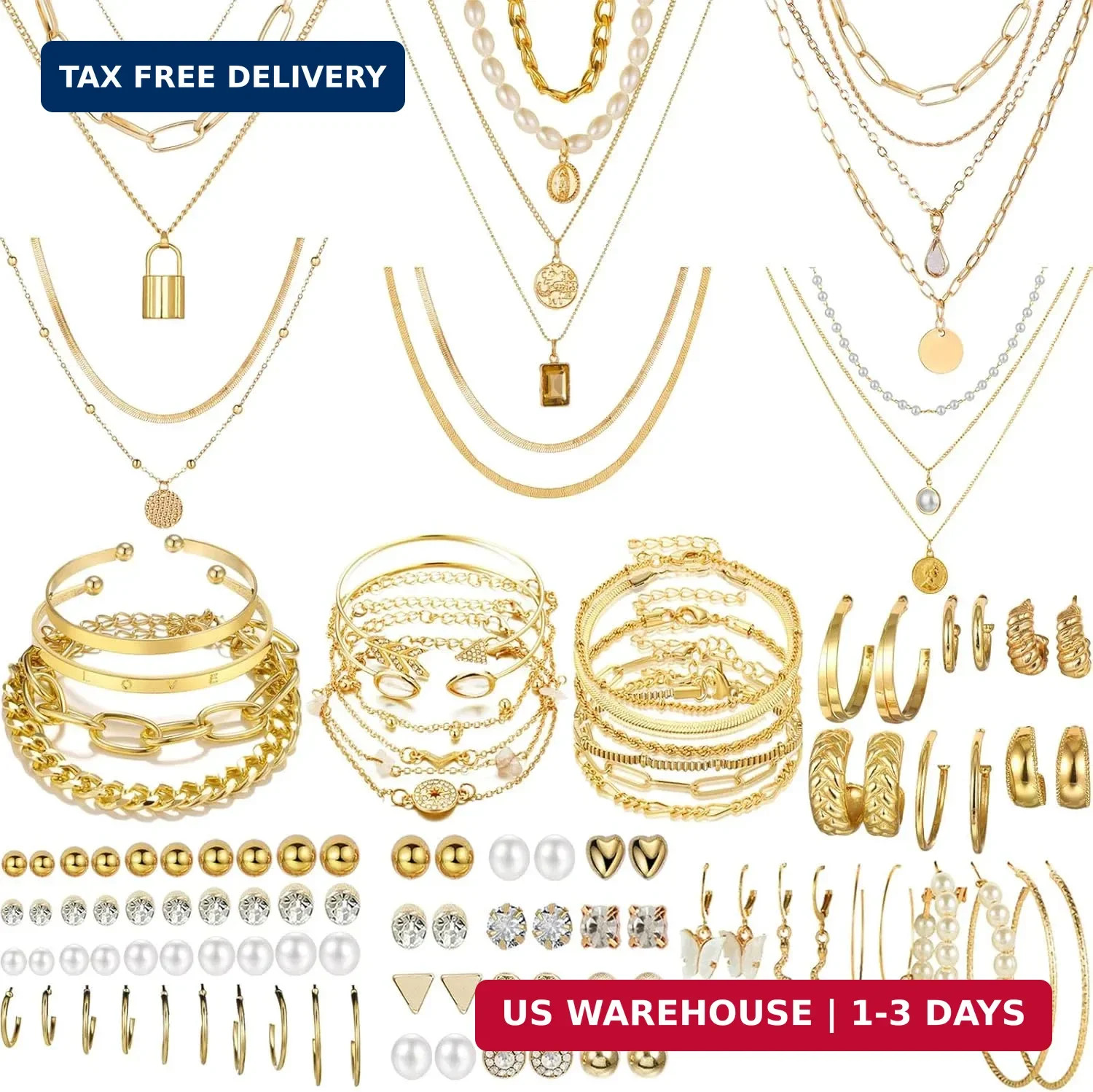 NEWITIN 69 Pieces Gold Jewelry Set for Women Fashion Costume Jewelry Gold Plated