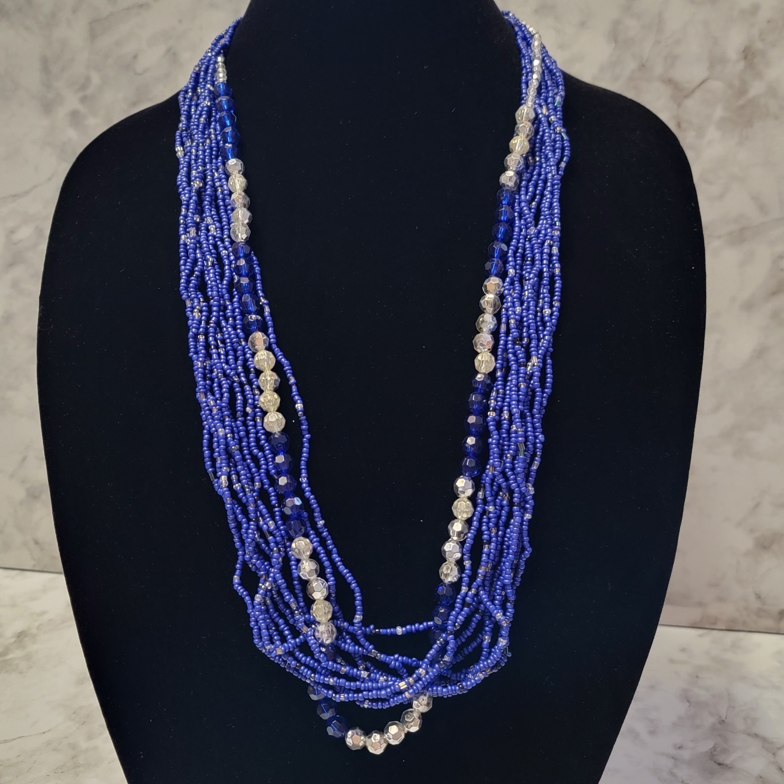Royal Blue Multi Strand Beaded Statement Necklace 32″ Boho Chic Maximalist