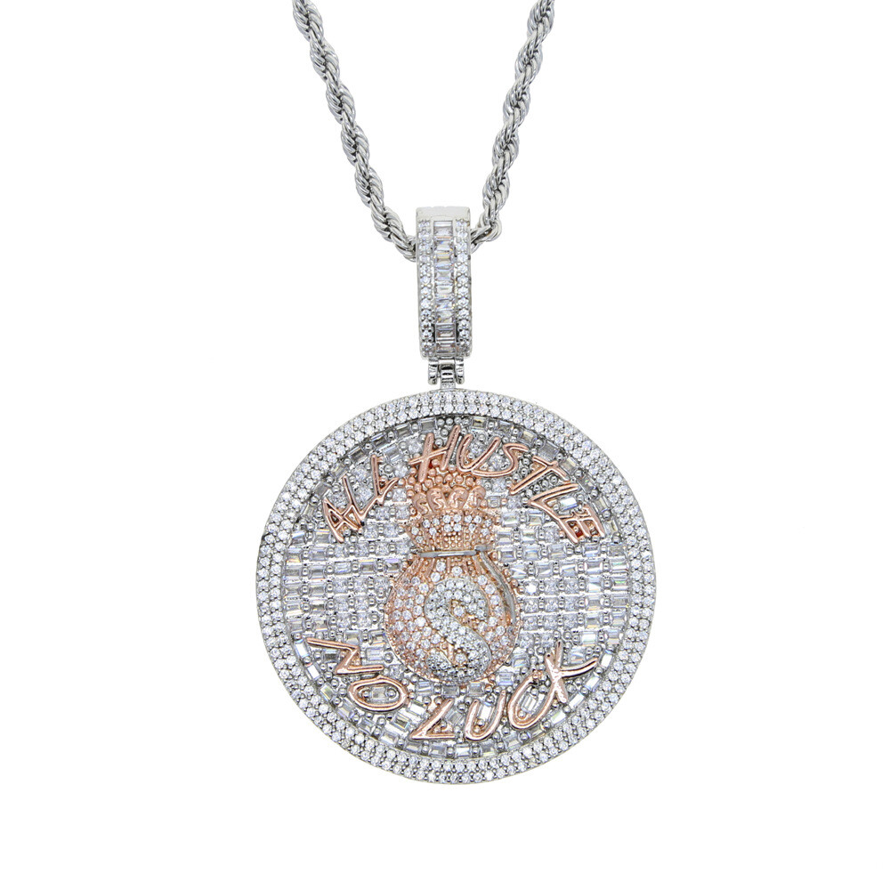 Hip Hop ALL Hustle Letters Round plate Pendant Necklace 5A Zircon Mens Jewelry