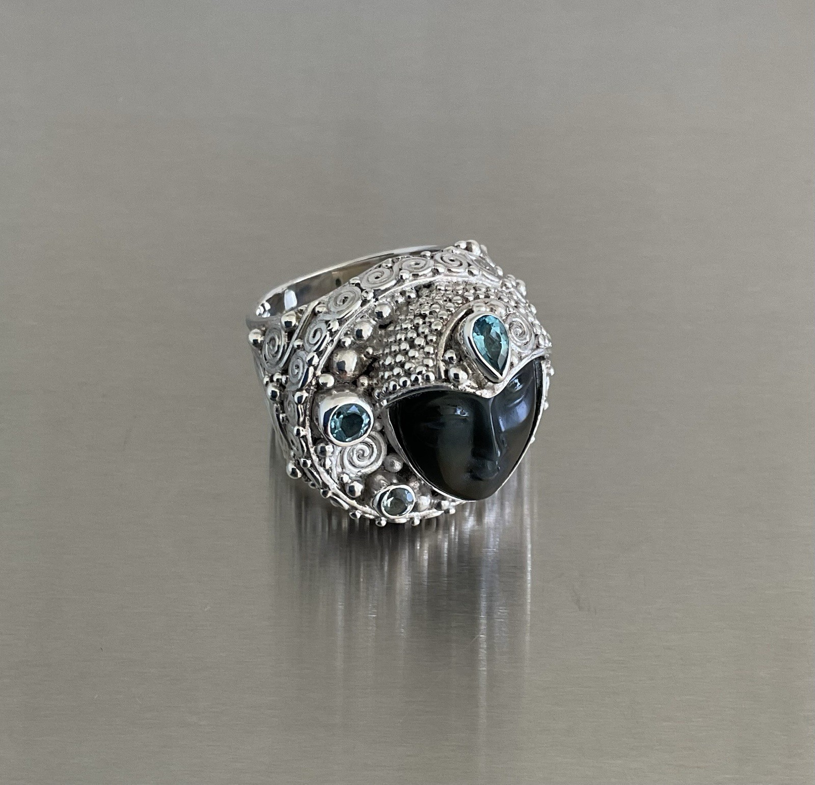 Sajen Carved Obsidian Goddess Face & Blue Topaz Ring 925 Sterling Silver Size 7