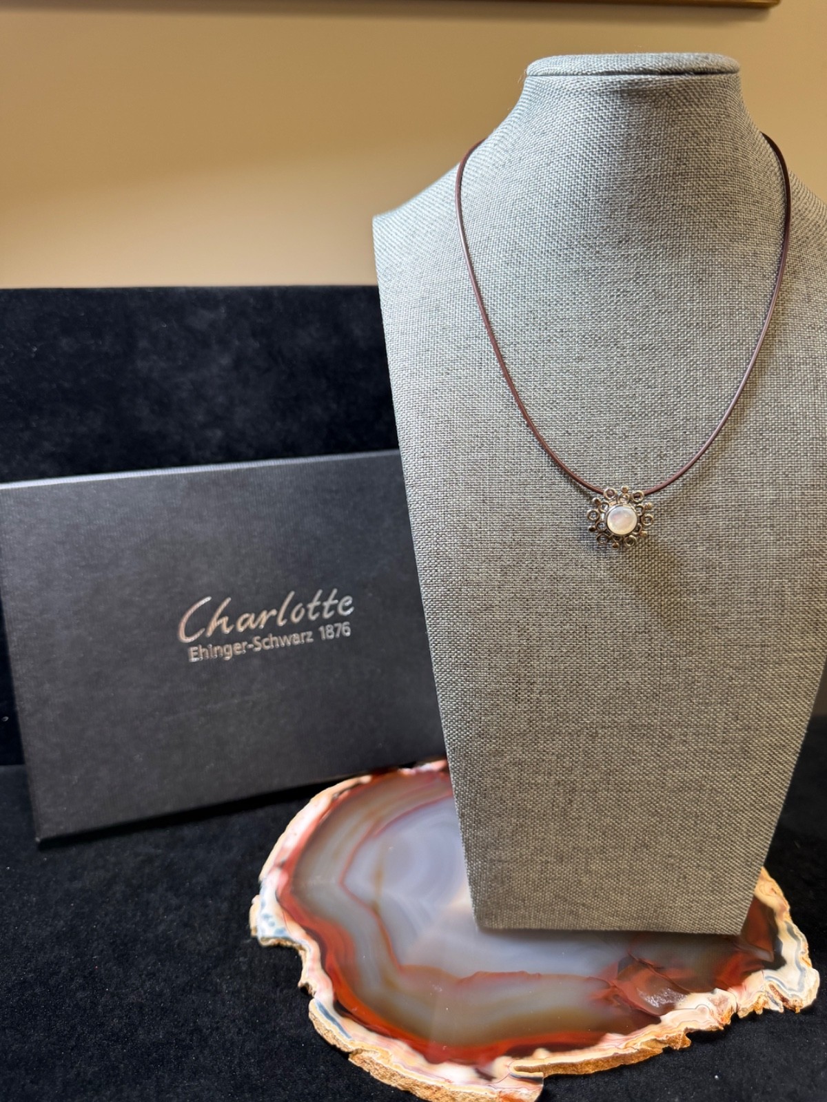 CHARLOTTE EHINGER-SCHWARZ 1876 CORD 16″ NECKLACE STERLING/GLASS PENDANT