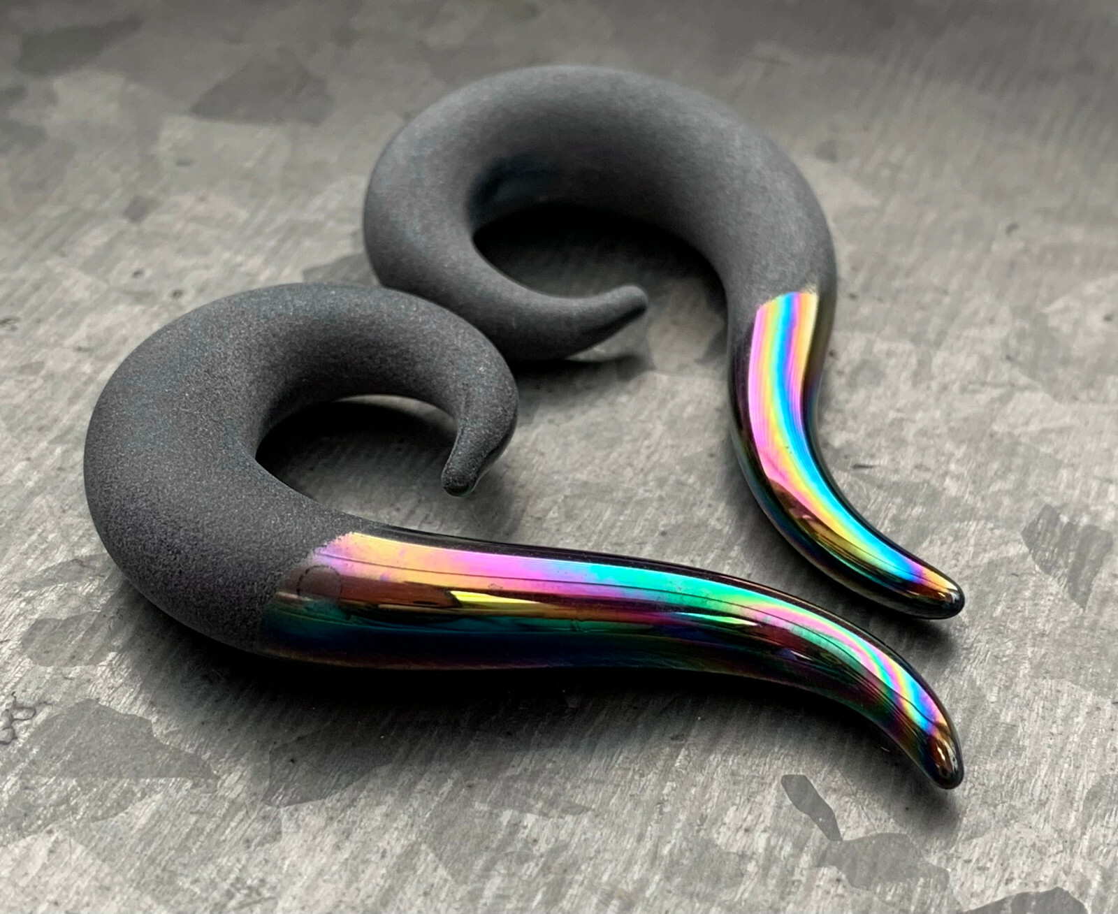 PAIR Two-Toned Matte & Rainbow Glass Spiral Hanging Tapers Expander Plugs Gauges