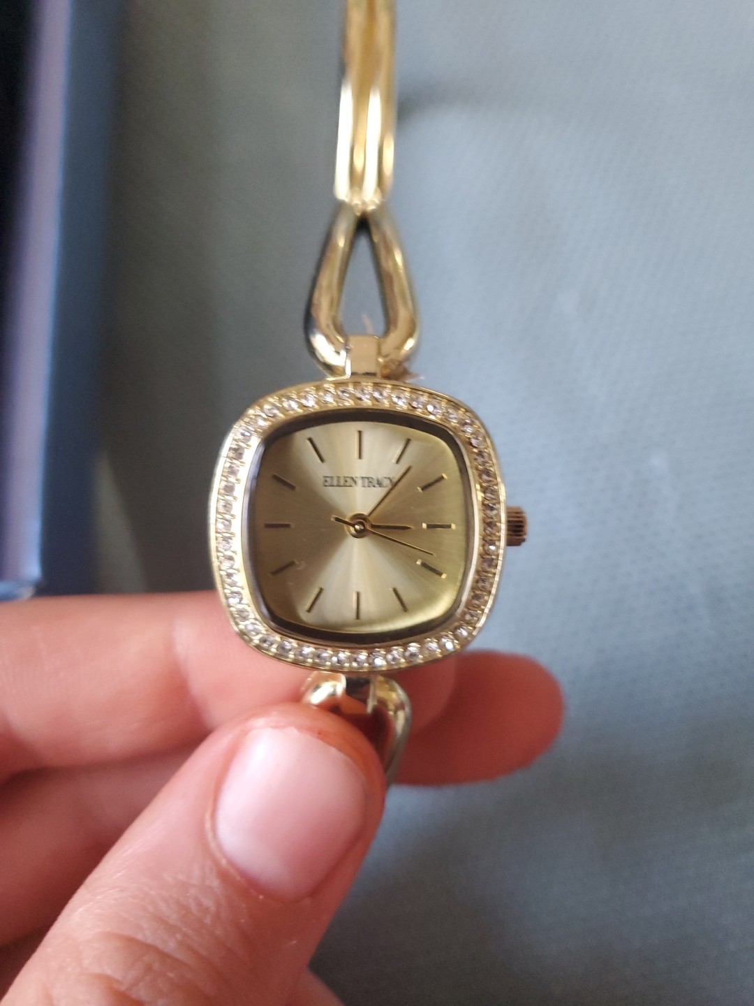 Ellen Tracy Watch Women 24mm Crystal Gold Tone Square HInged Bracelet 6.75″