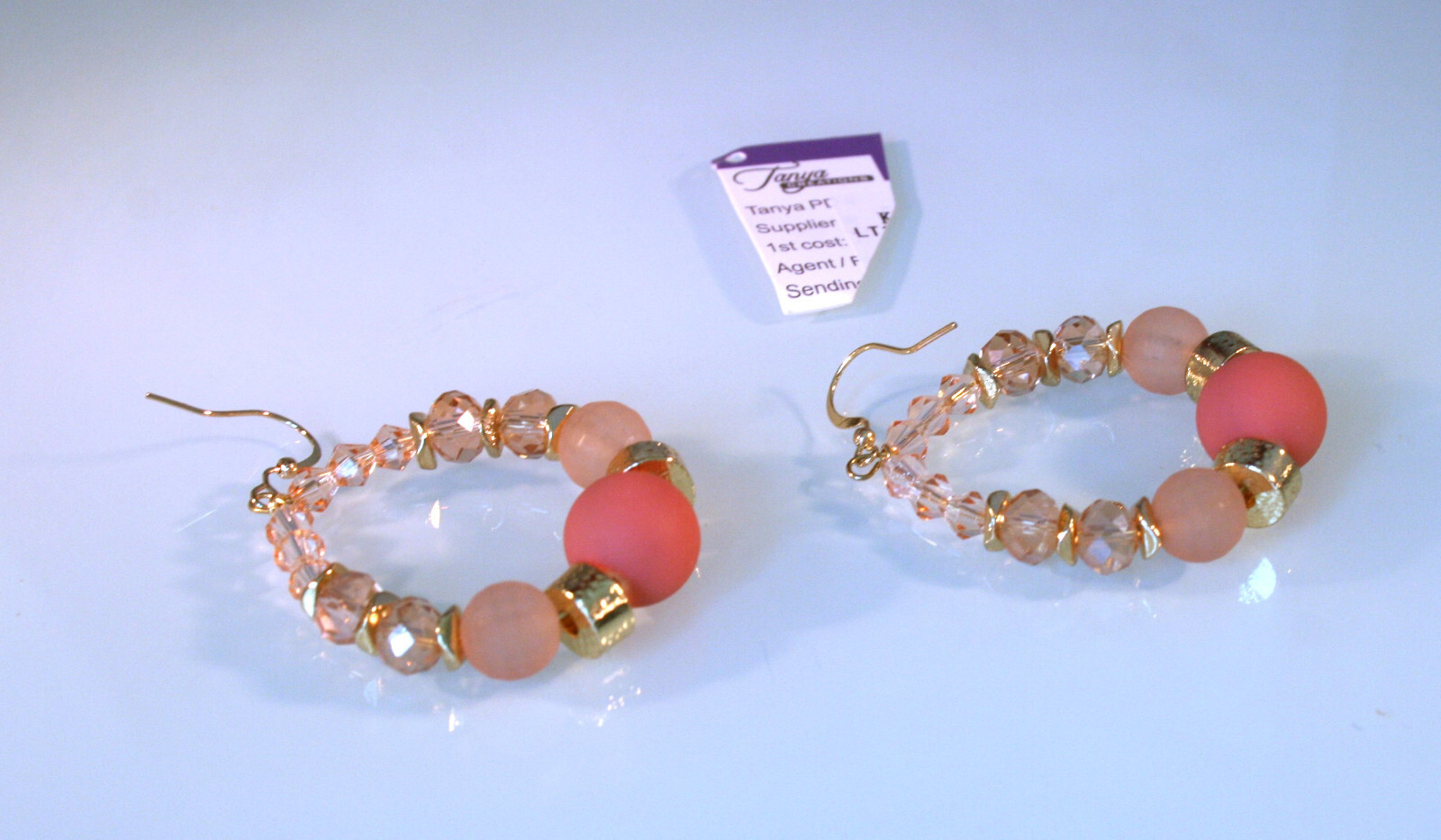Sterling Silver hooks pale pink glass & rubber beaded hoop earrings 2 1/2″