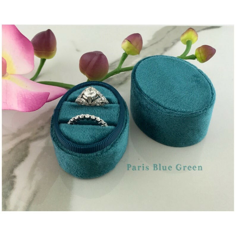Oval Velvet Ring Box – Double Slots  Handmade Keepsake Vintage engagement Ring 