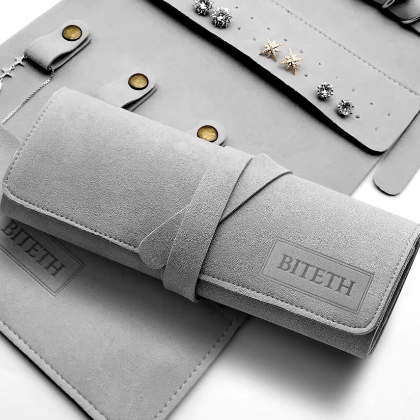 Leather Travel Jewelry Roll Organizer Rings Necklace Watch Case, Gray, BITETH