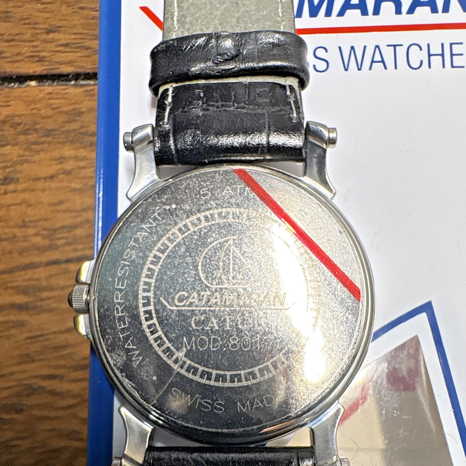 Catamaran Swiss Quartz Wristwatch 50m Silver Dial Black Leather Strap Date- need
