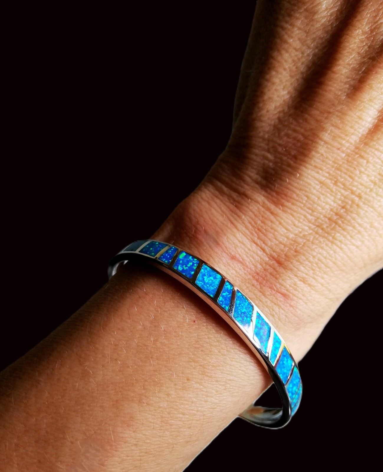 Blue Opal Bracelet Fire Opal Bangle Stainless Steel Silver Bigsam Opal Hoop