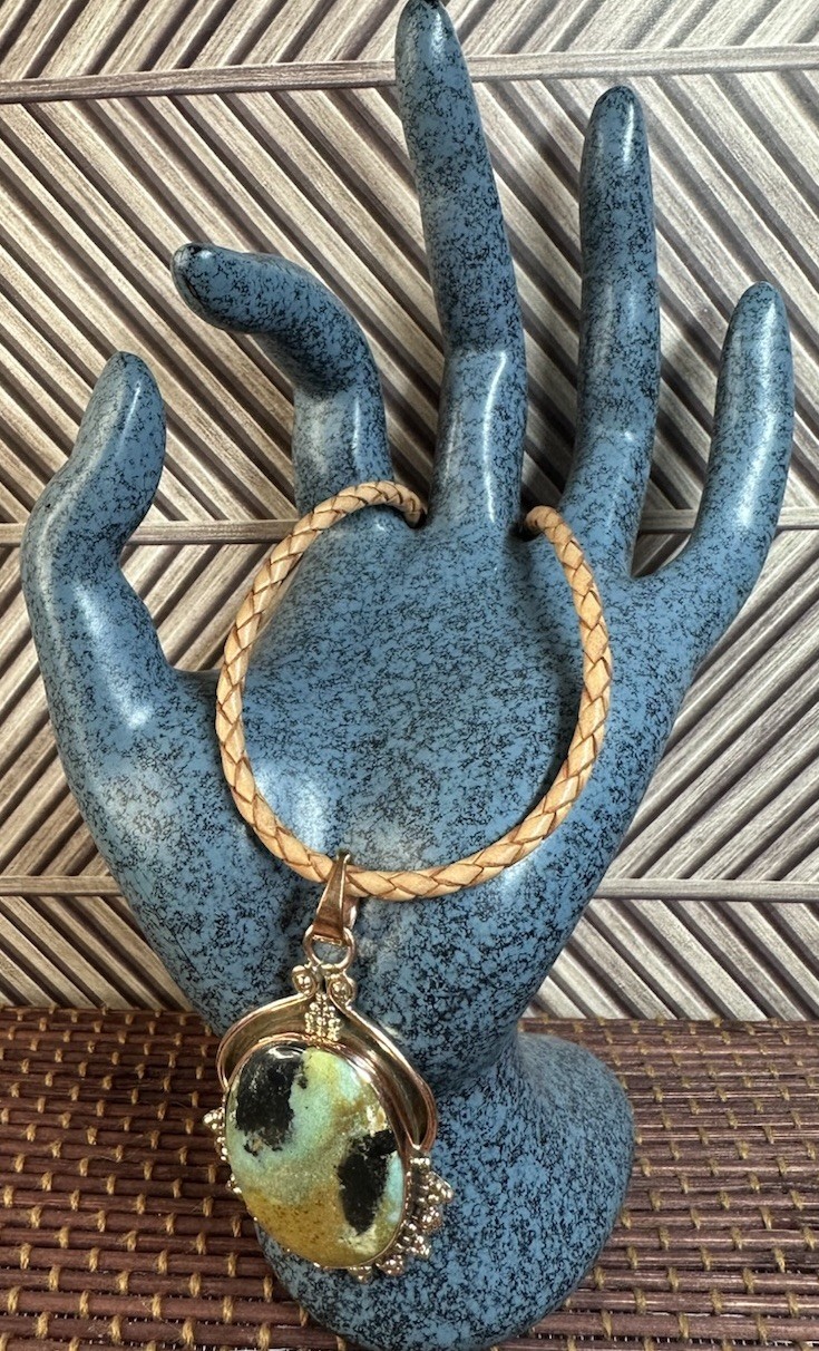 Southwest Style Copper Blackjack Turquoise Pendant w/Leather Cord Necklace 16”