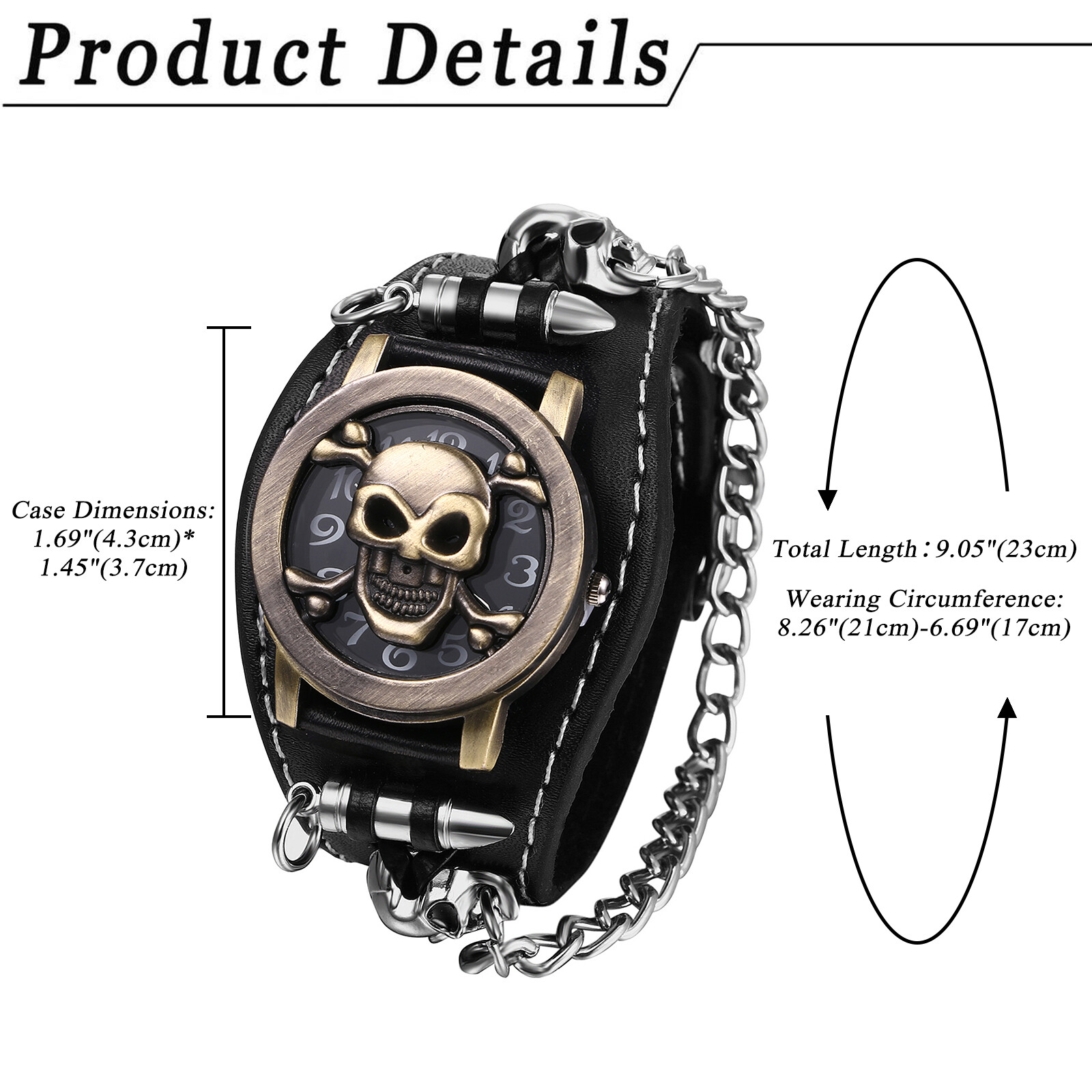 Unisex Geniune Leather Quartz Wrist Watch Openable Skull Case Chain Bullet Decor