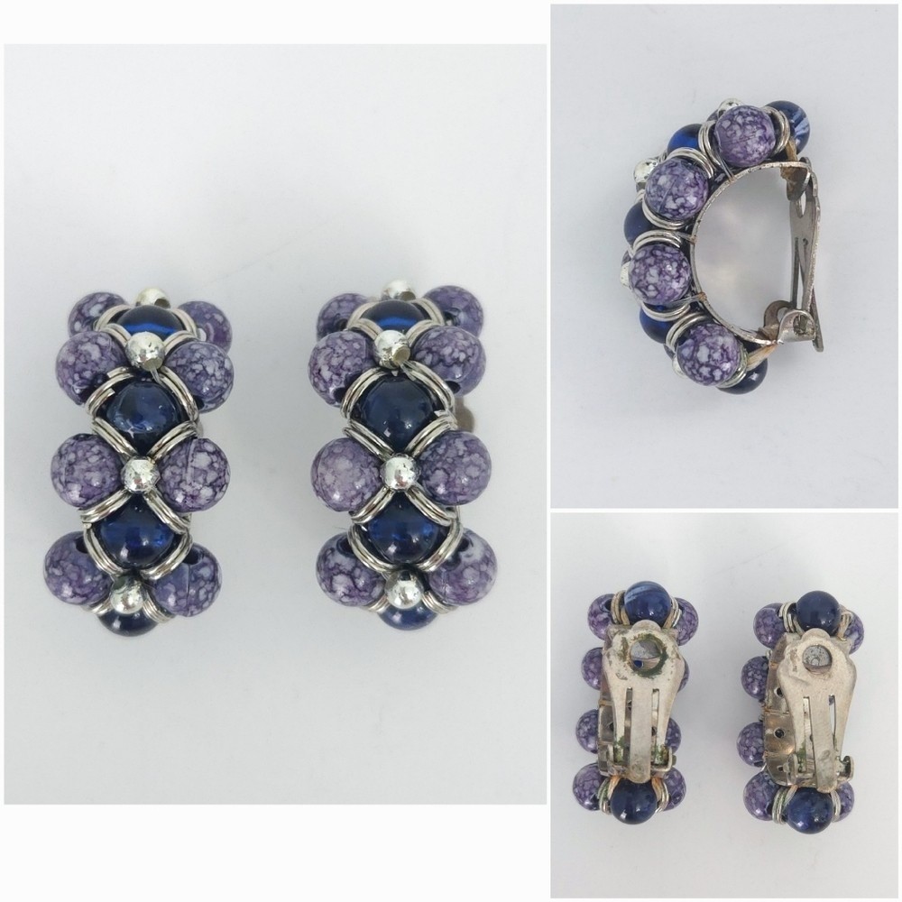 Silver Black Blue Ivory Hoop & Beaded Clip Earrings (Set of 3)