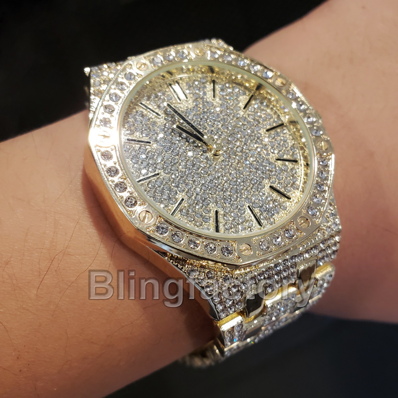 Men’s Luxury Style Iced Bling Gold Plated Simulated Diamond Bracelet Metal Watch
