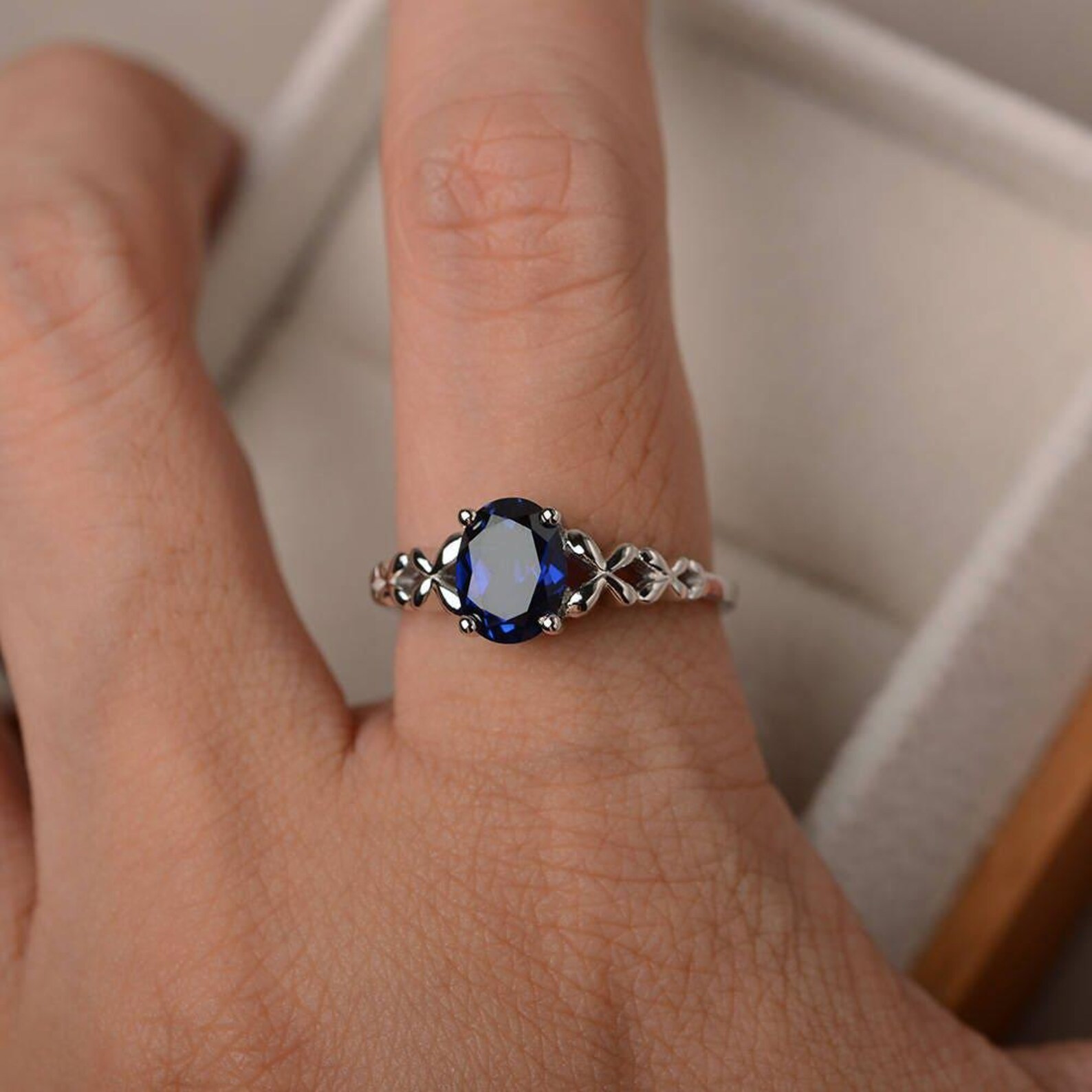 2Ct Oval Lab Created Sapphire Solitaire Engagement Ring 14K White Gold Plated