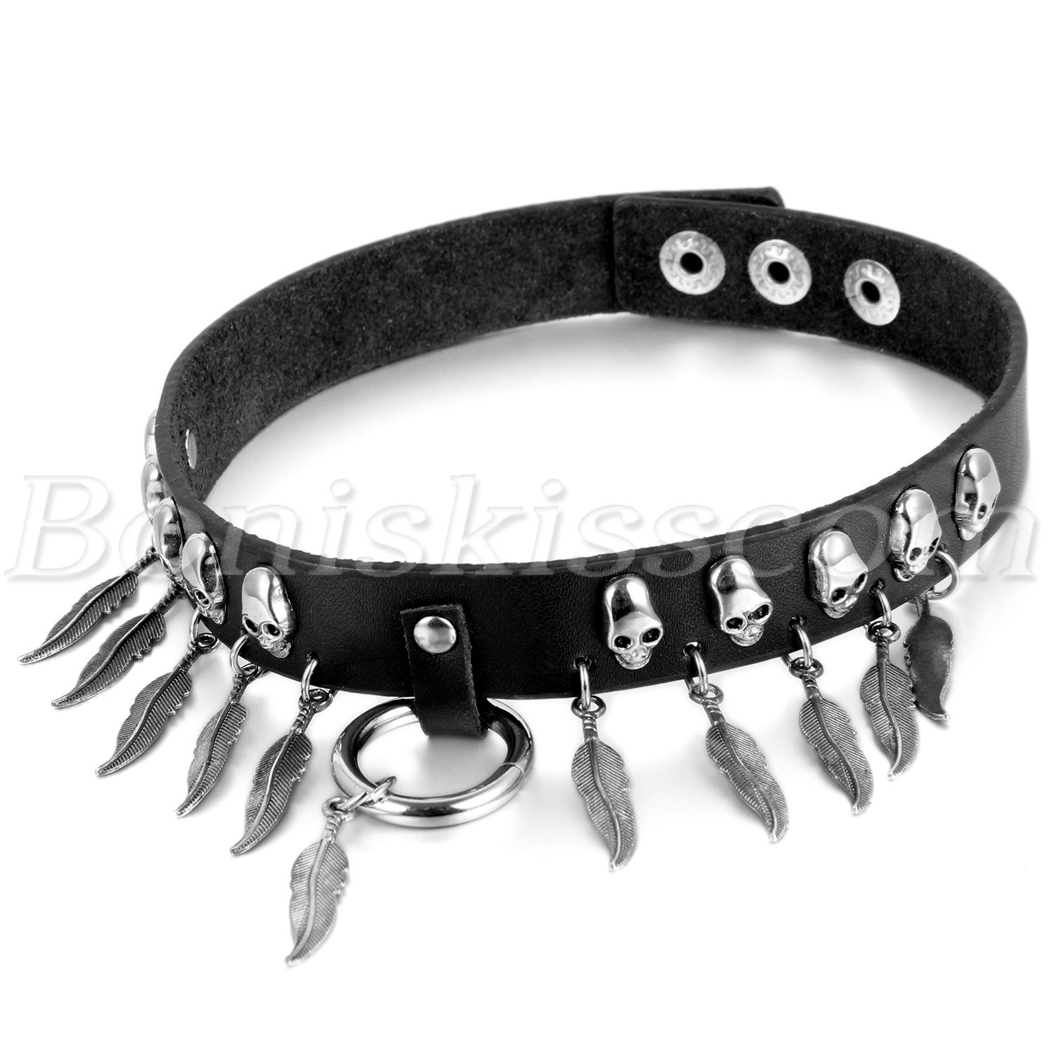 Gothic Punk Skulls Studs Feather Black Leather Choker Collar Necklace 80S 90S