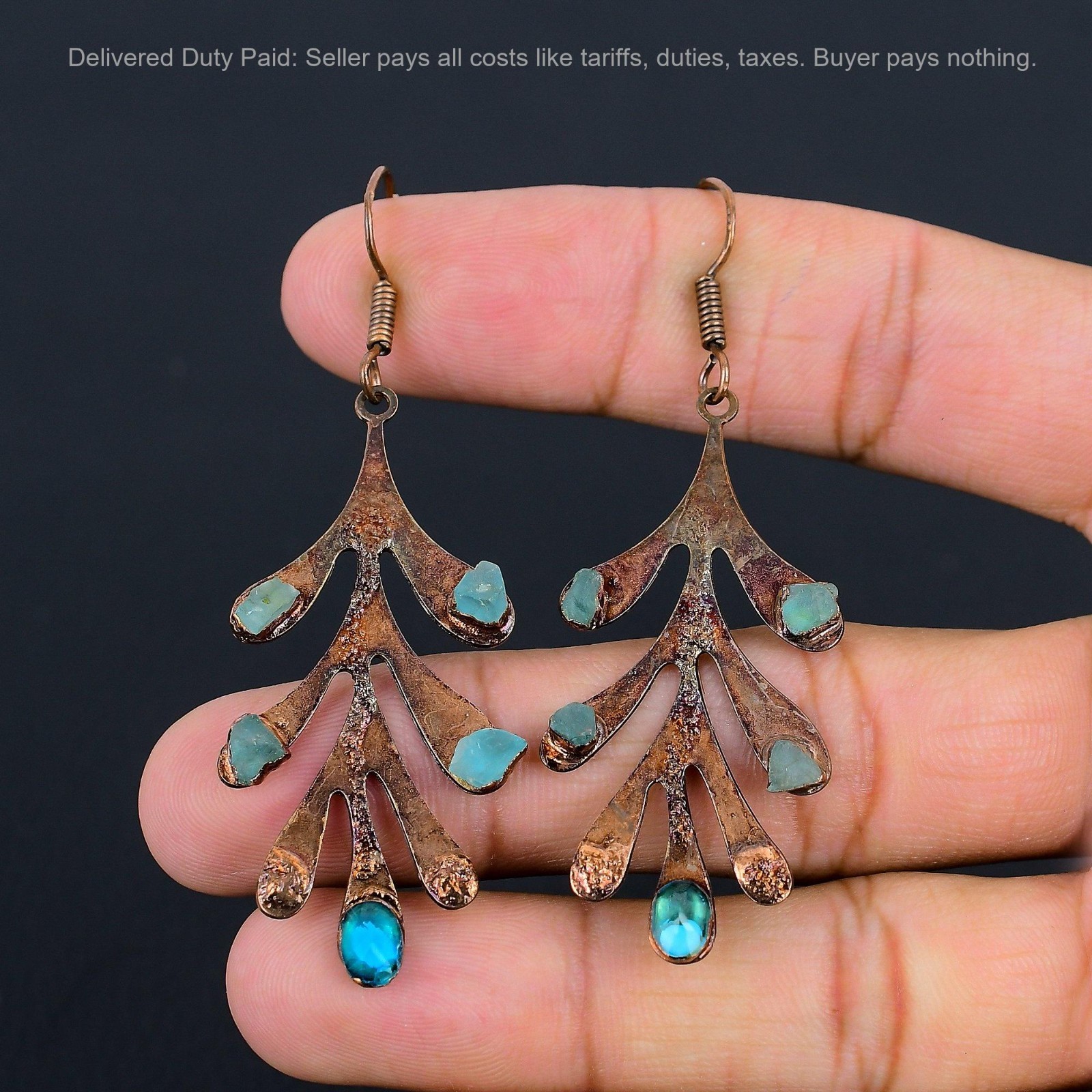 Copper Natural Neon Apatite Dangle Drop Trendy Electroformed Artisan Earrings