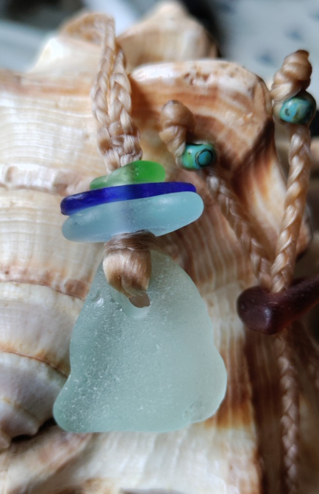 Genuine Sea Glass Necklace Beach Sinew Braid Hawaii Adjustable Multi-color