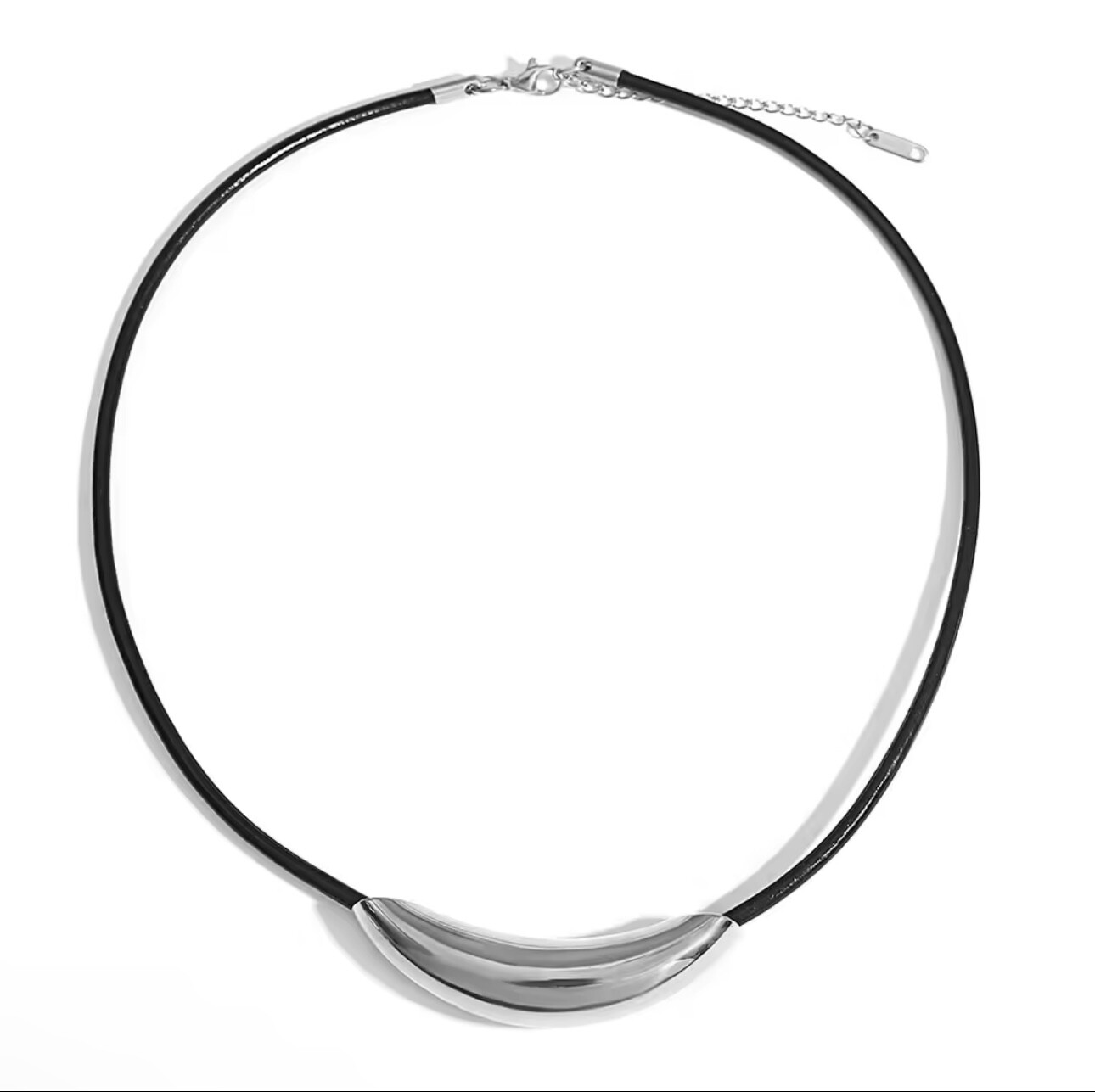 ZARD Curved Tube Pendant on Black Cord Necklace in Silver