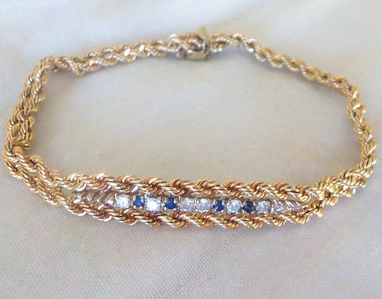 Solid 14K Yellow Gold Double Rope Sapphire Diamond Bracelet – 11.32 gms, 7.2 in