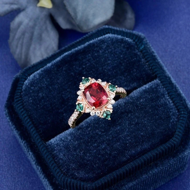 3.10 Ct Cushion Cut Natural Red Ruby & Diamond Wedding Ring 14K Yellow Gold