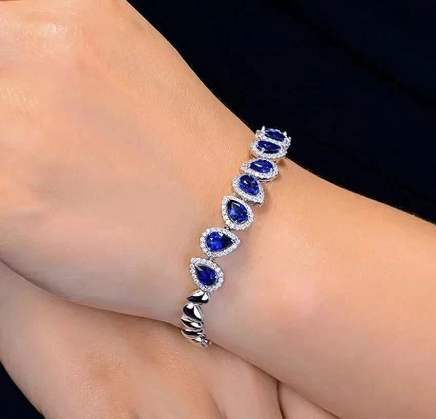 10Ct Pear Cut Lab-Created Blue Tennis Bracelet 14K White Gold Plated