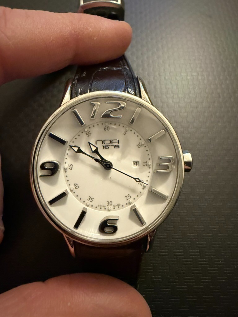 NOA N.O.A. 1675 Swiss Automatic Watch White Dial Date Exhibition Caseback Brown