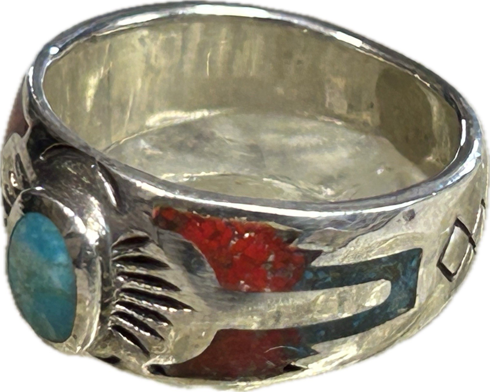 Southwest Silver Ring Native American Indian Style Turquoise with Red Coral
