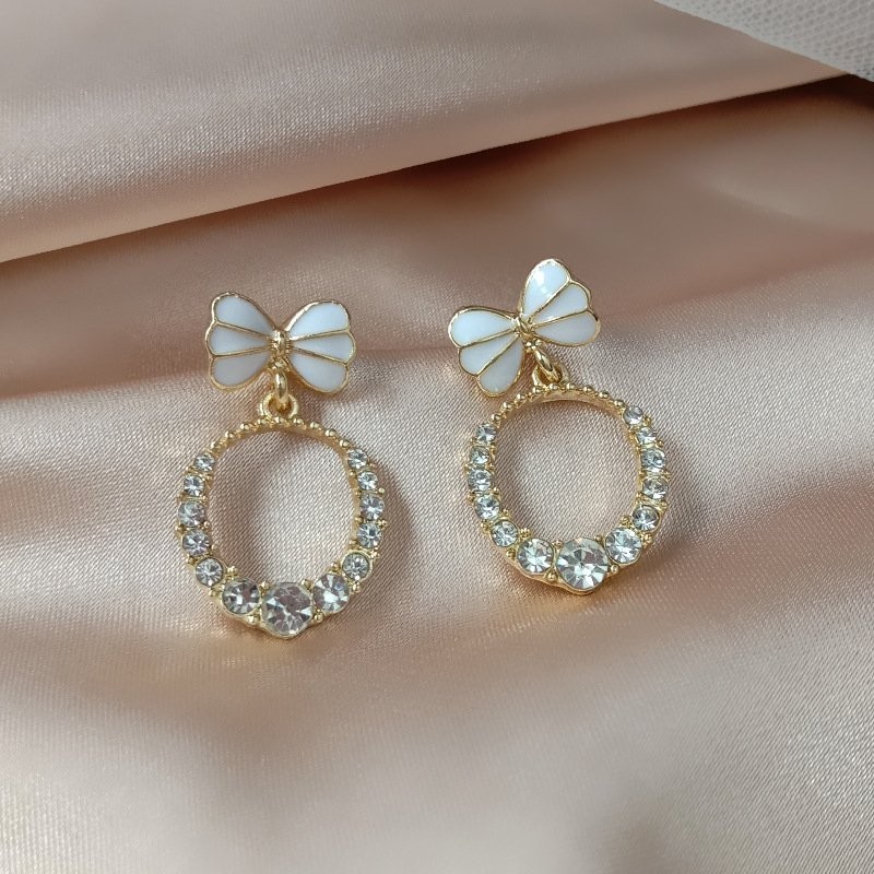 925 Silver Post Bow Rhinestone Drop Earrings Cute Crystal Dangle Women Jewelry