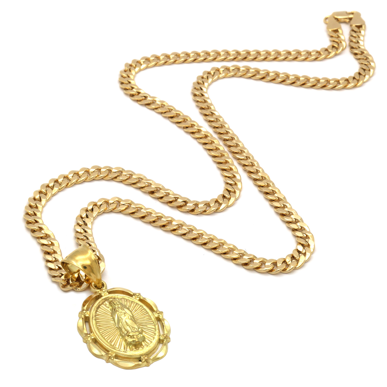 Mens 18k Gold Plated Oval Guadalupe Pendant 5mm 24″ Cuban Necklace Chain