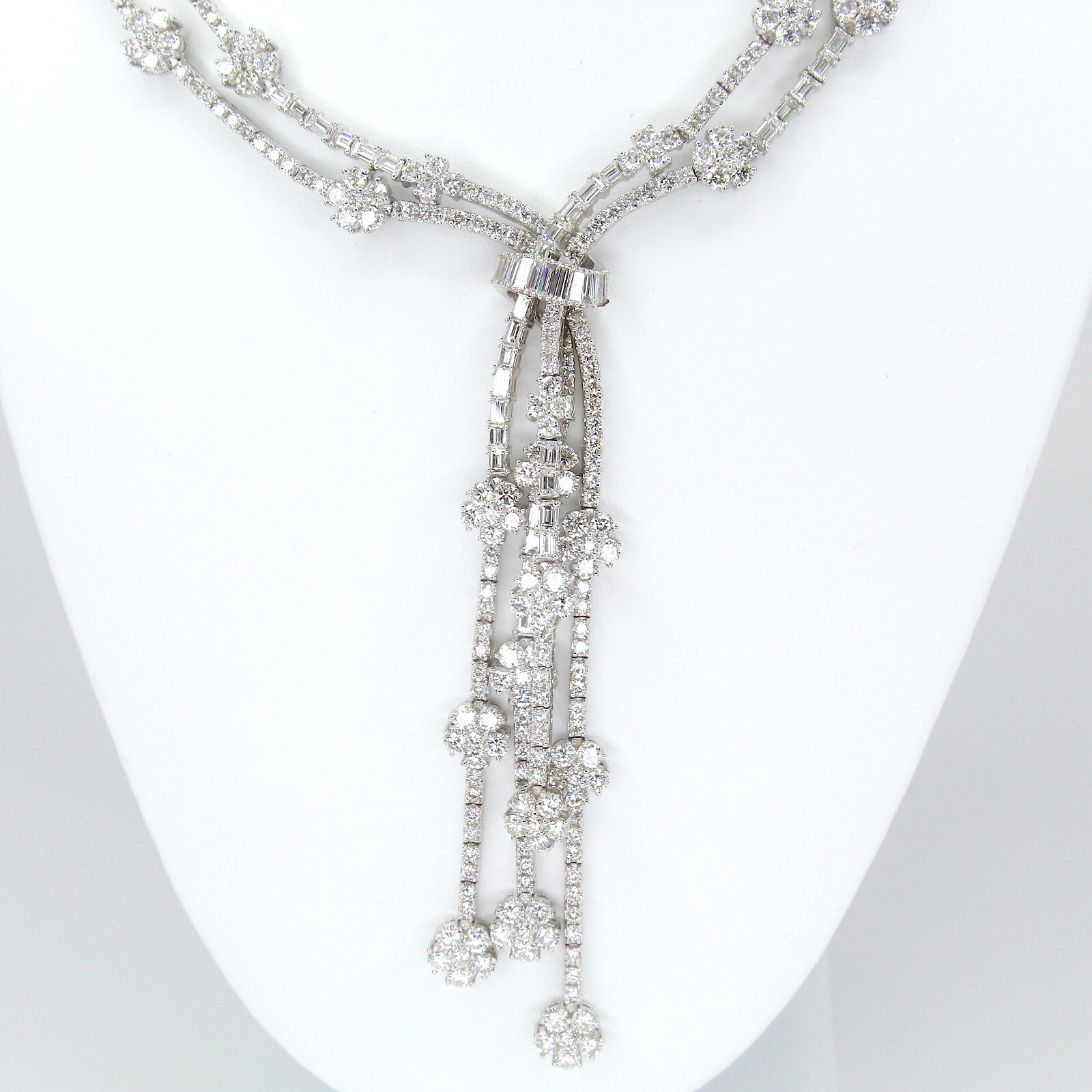 20.00 CT Diamond Two Row Floral Line Drop Necklace 18K White Gold Natural