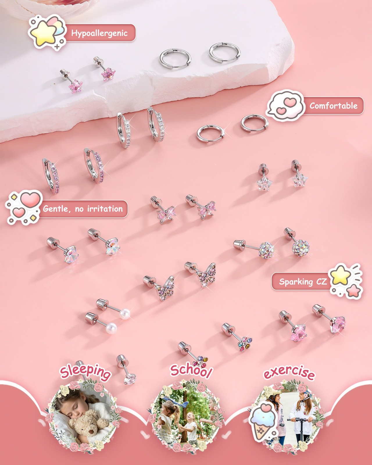 14 Pairs Hypoallergenic Earrings for Women Girls Surgical Steel Screw Back Ea…
