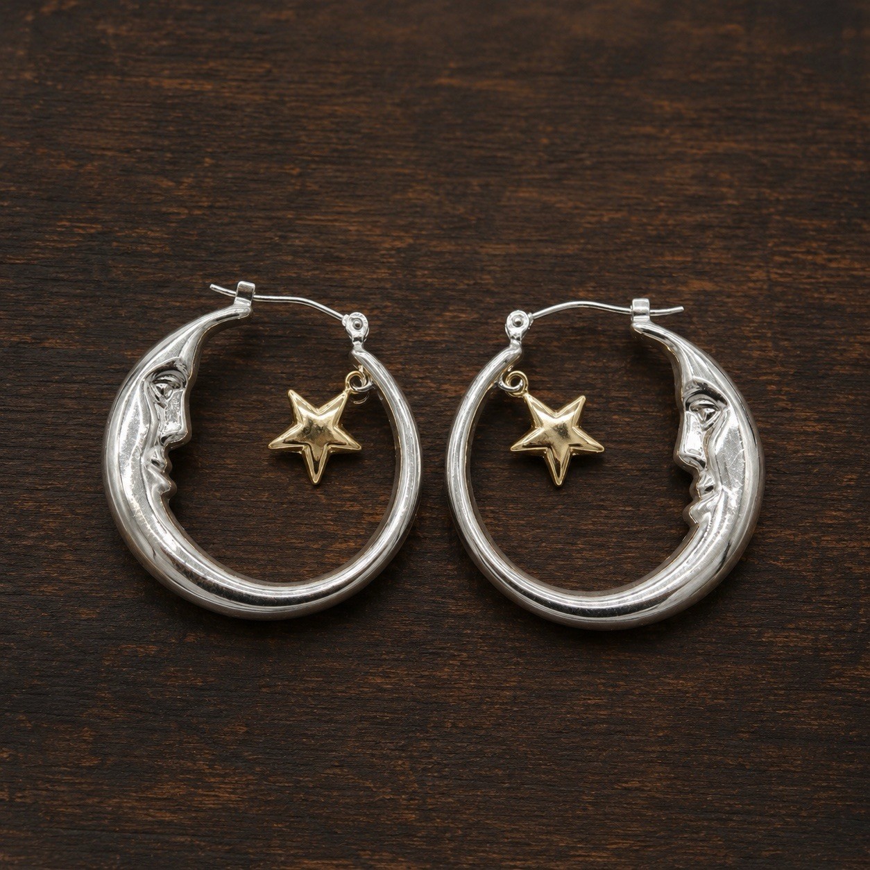 Anthropologie Hoop Crescent Moon Star Earrings Gold Silver Face Celestial Gold