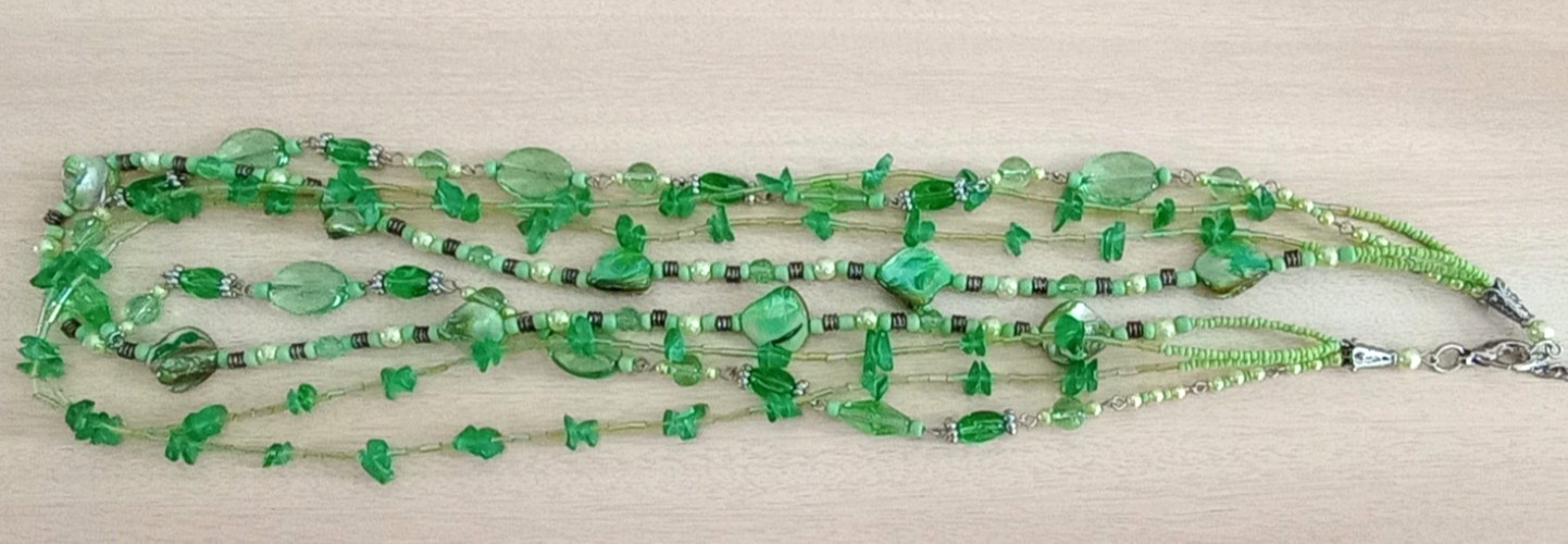 Green beaded multi strand necklace silver tone 30″