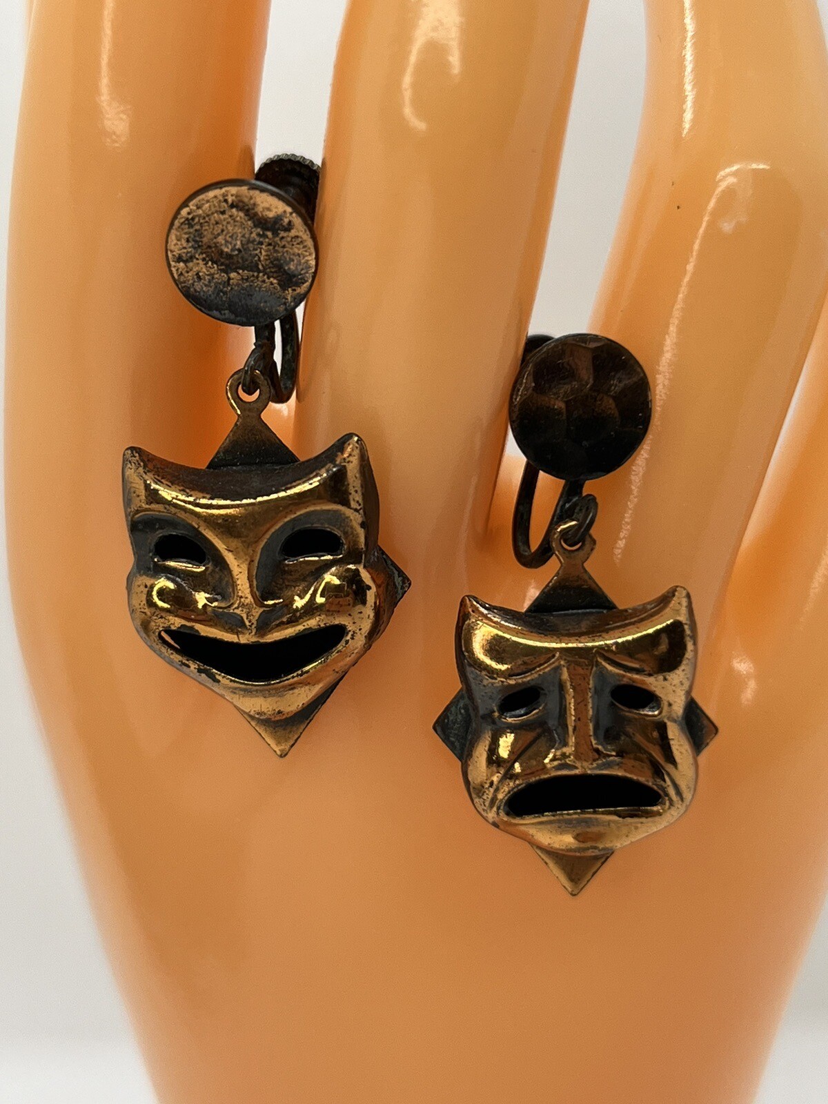 Vintage Drama Comedy & Tragedy Face Masks Copper Dangle Screwback Earrings