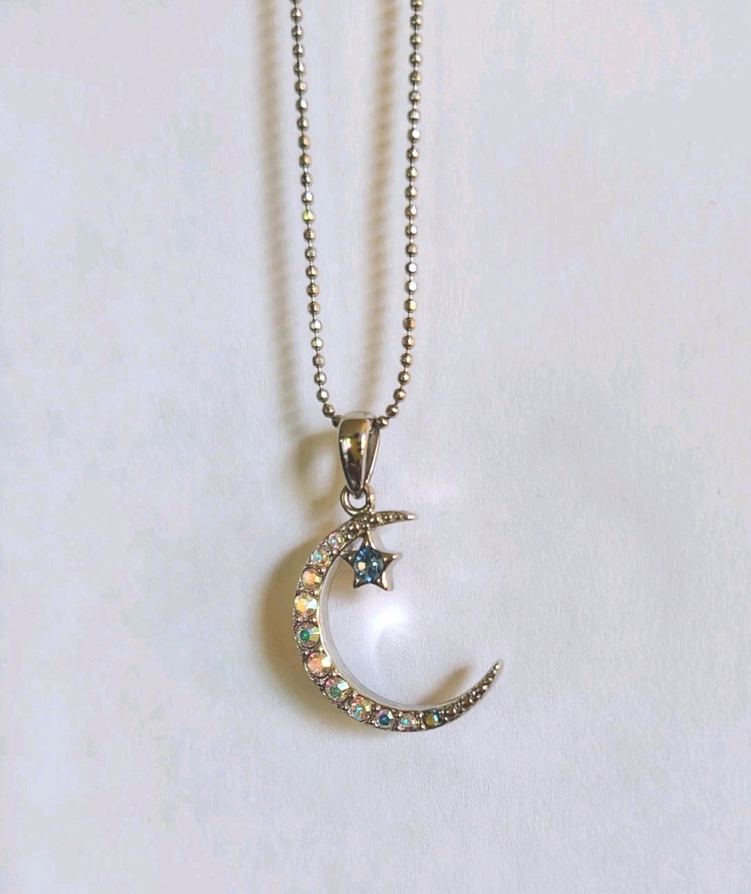 925 Sterling Silver Crescent Moon Crystal Star Pendant Ball/Bead Chain Necklace