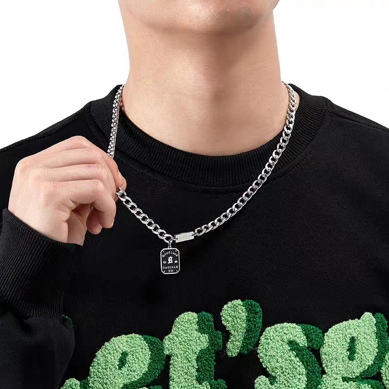 Minimal Figaro Chain Tag Pendant Necklace Stainless Silver Tone Unisex Jewelry
