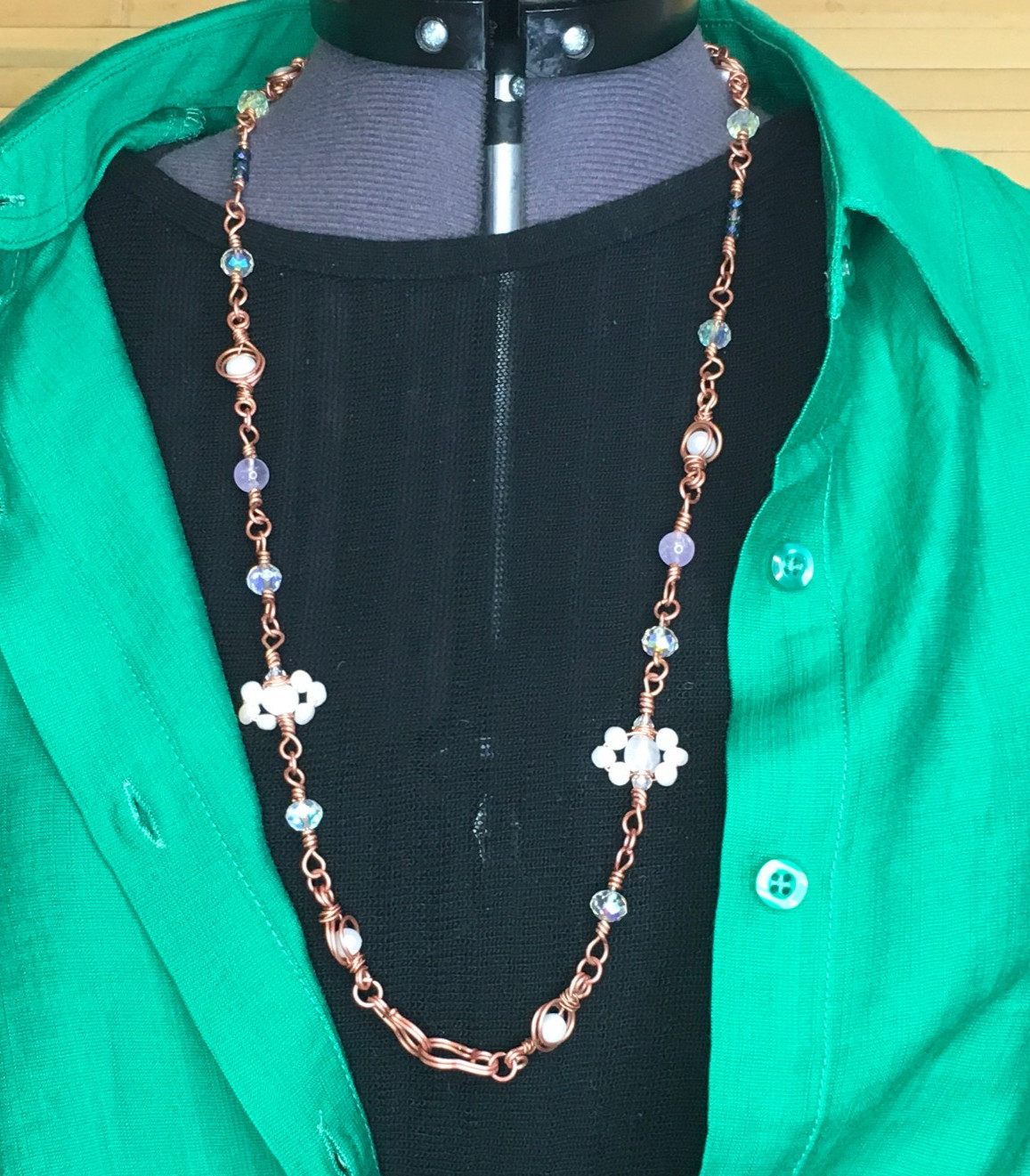 Artisan Long Necklace Pearls Moonstone Amethyst Beads, 4 Hook Wire Wrap Handmade