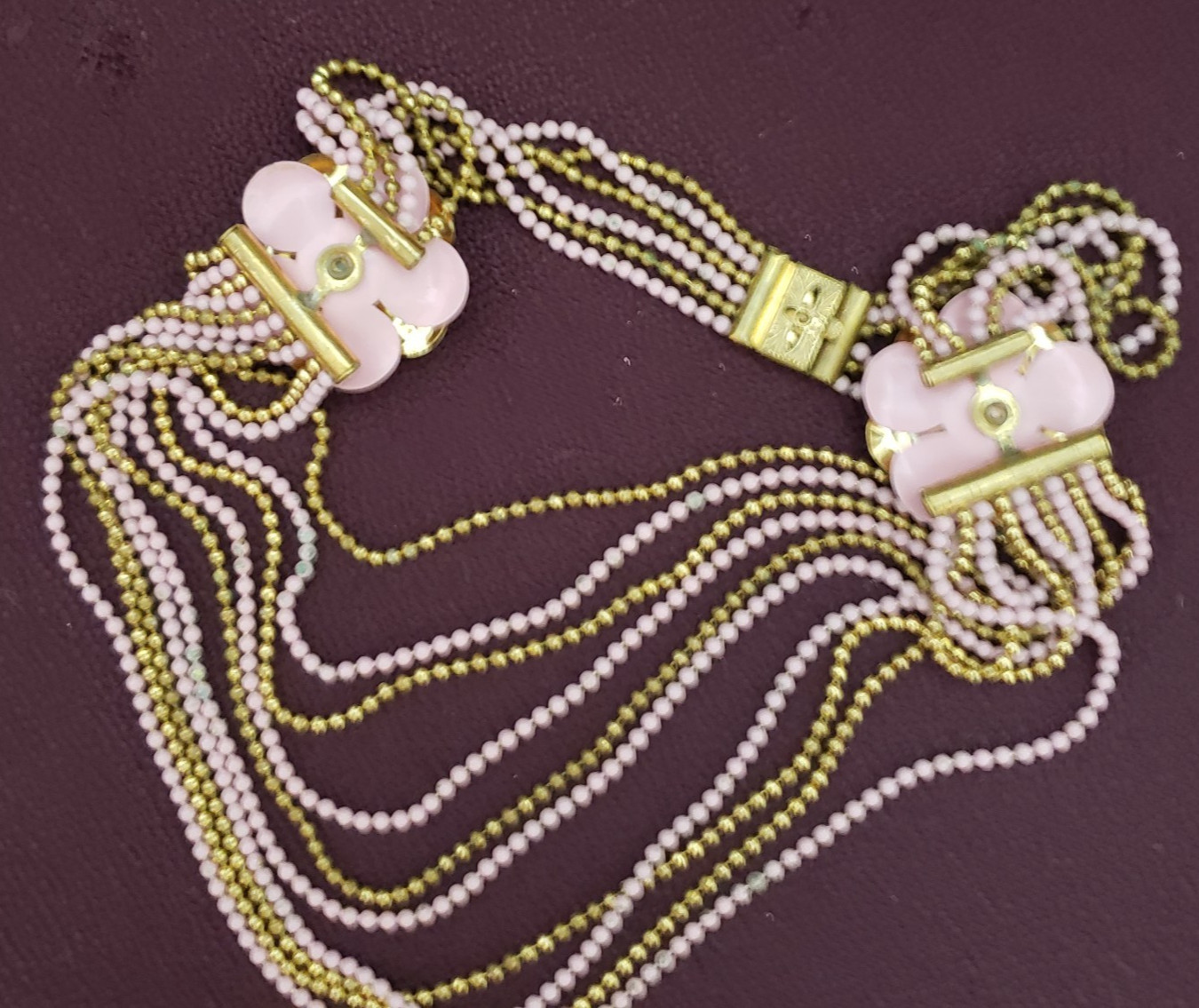 Art Deco Brass Ball Chain Pink Flower Multi Strand Draped Necklace 1930’s 1940s