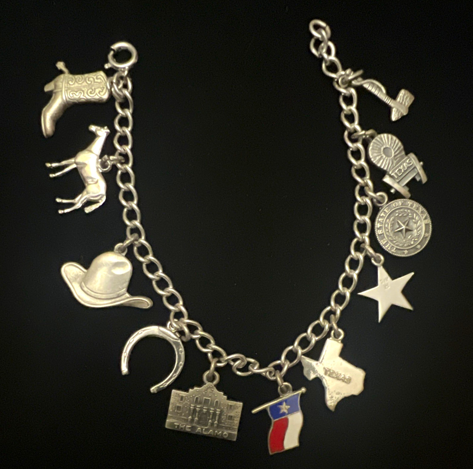 Vintage 1970s Haltom Sterling Silver 925 Texas Charm Bracelet Retired Signed