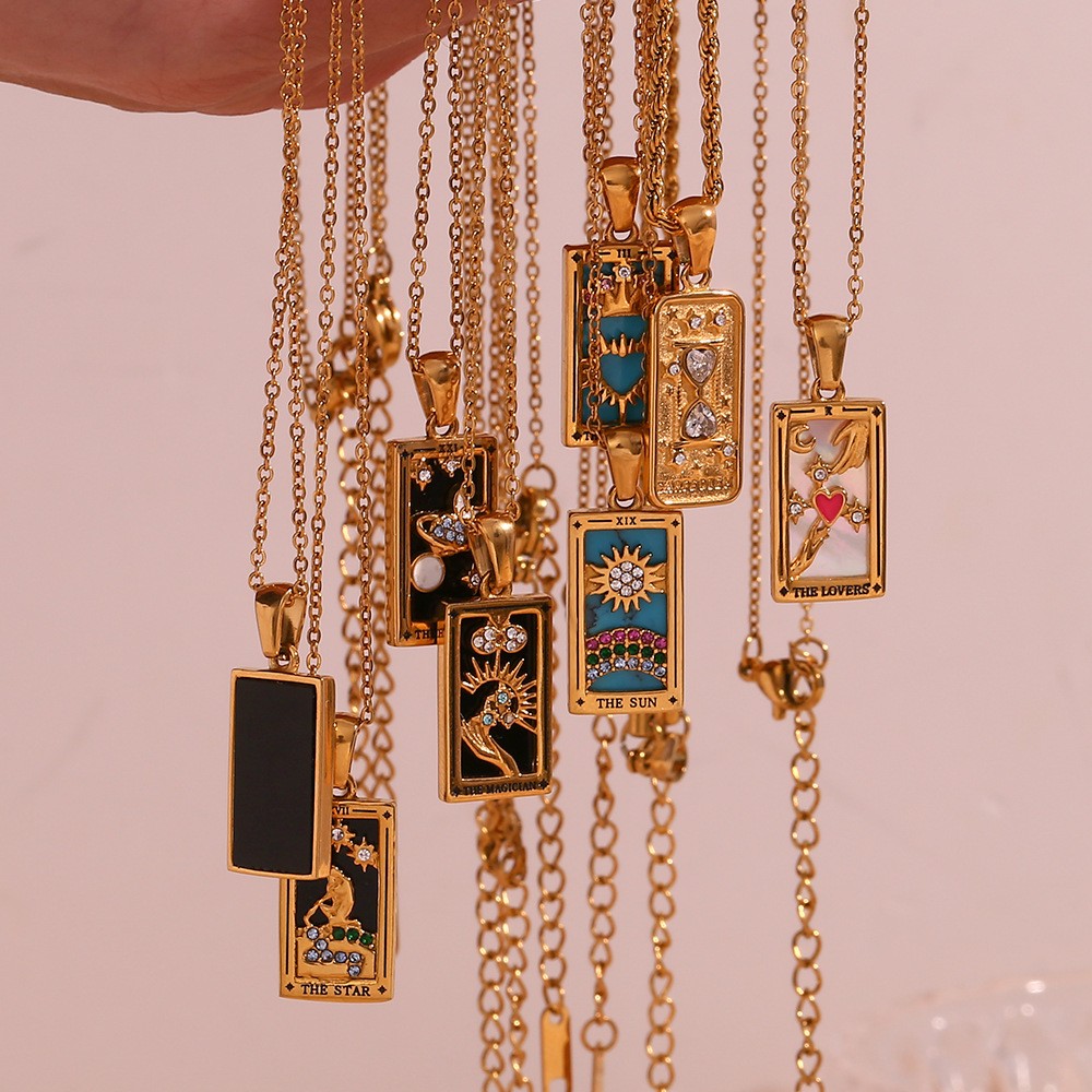 Tarot Card Rectangular Stainless Steel Enamel Zircon Fashion Pendant Necklace