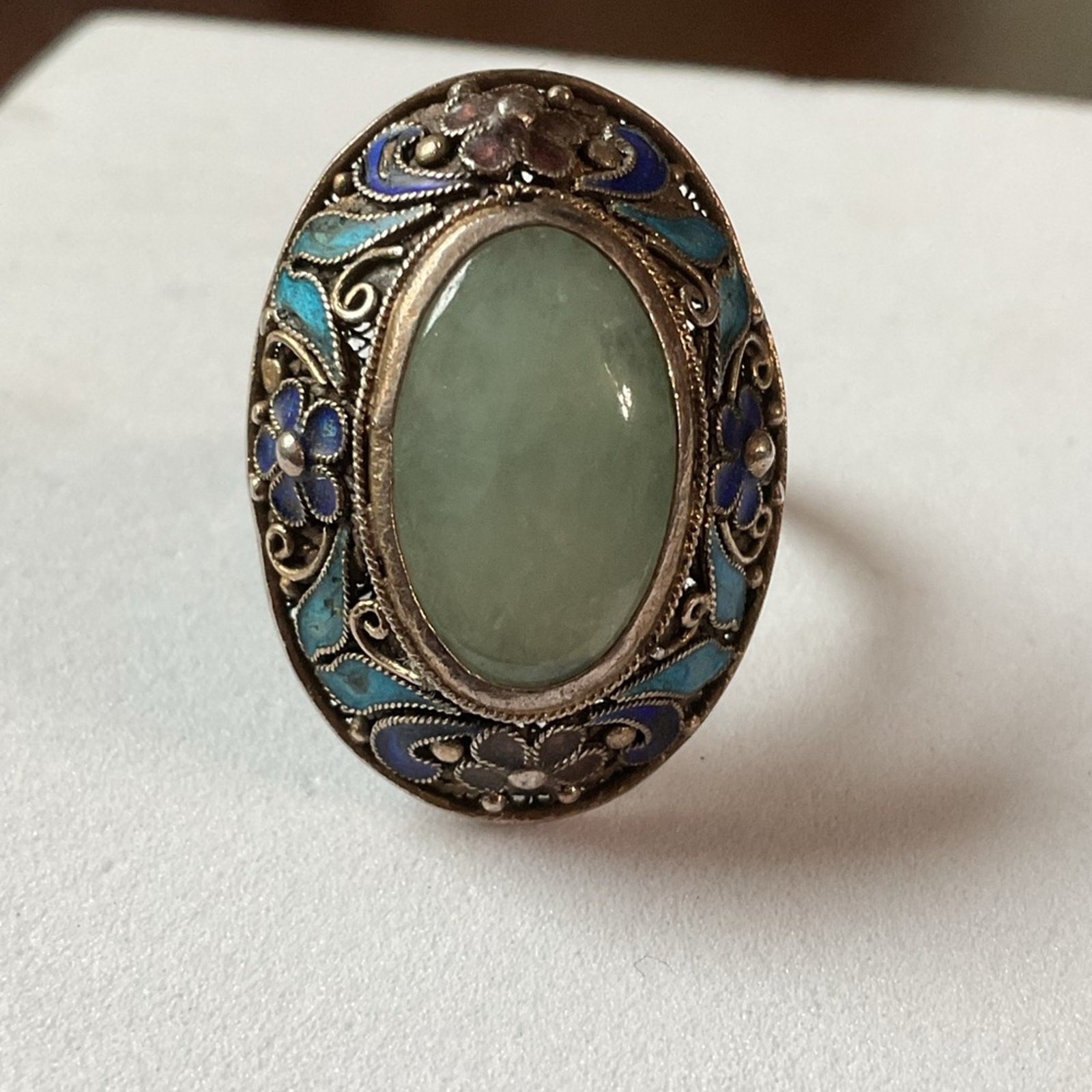 Vintage Chinese Export Jade Enamel Floral Adjustable Ring