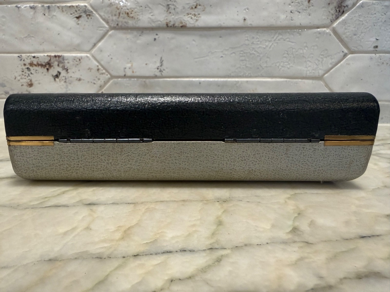 Vintage MCM Men’s Farrington Jewelry Box Black & Gray Clam Shell Case Lined 4×7″