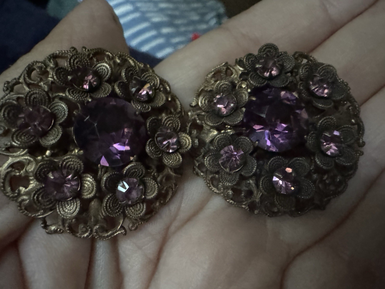 Vintage Purple and Gold Tone Clip-On Czechoslovakian Earrings 1.75 Victorian Rev