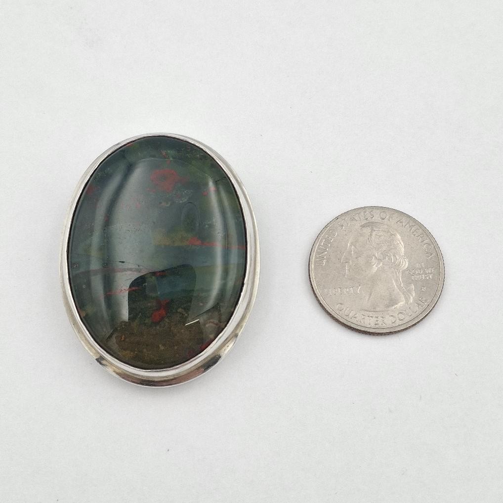 Vintage 925 Sterling Silver Large Oval Bloodstone Double Bail Slide Pendant