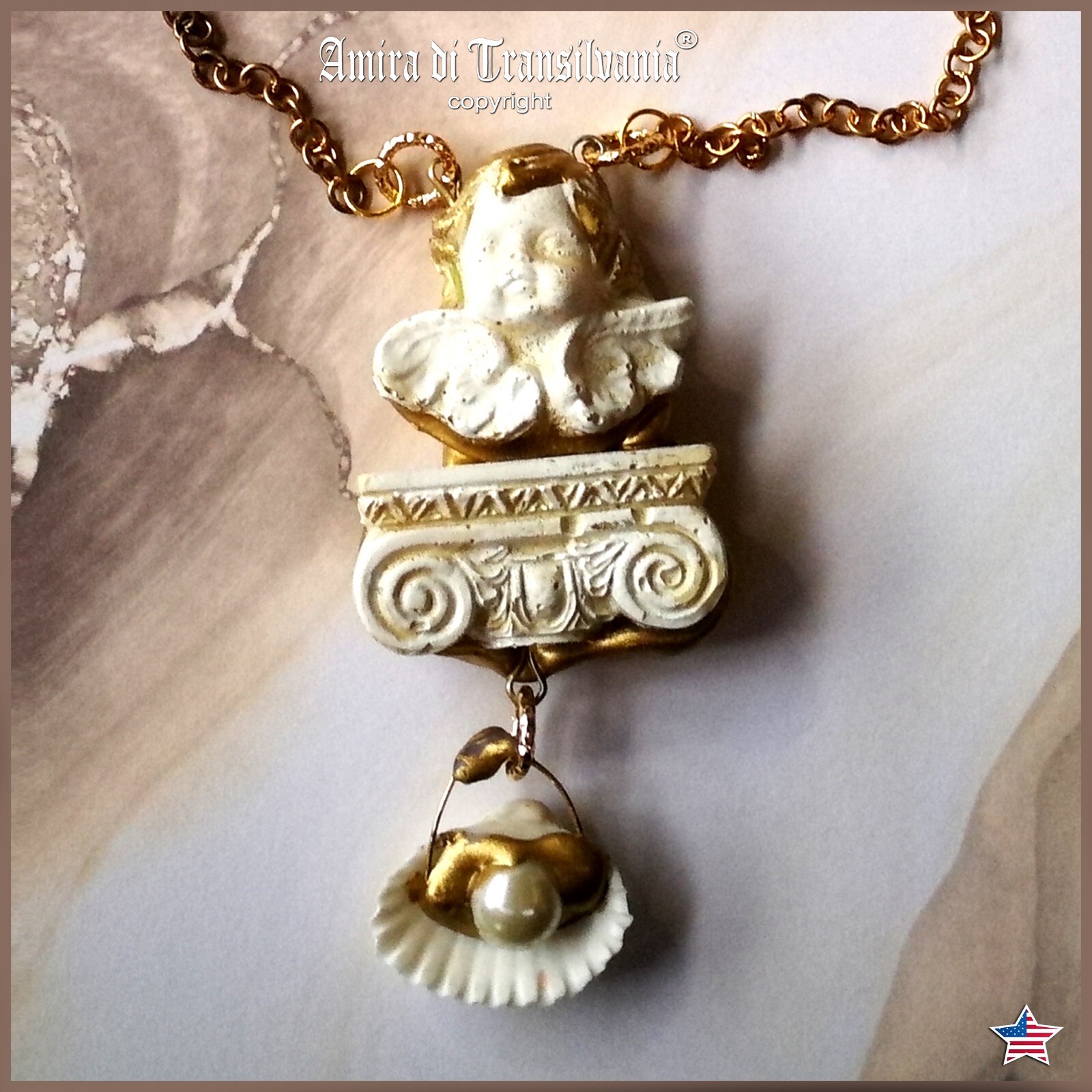 Winged Angel Cherub Talisman Baroque Pendant Amulet Shell Charm Jewelry Necklace