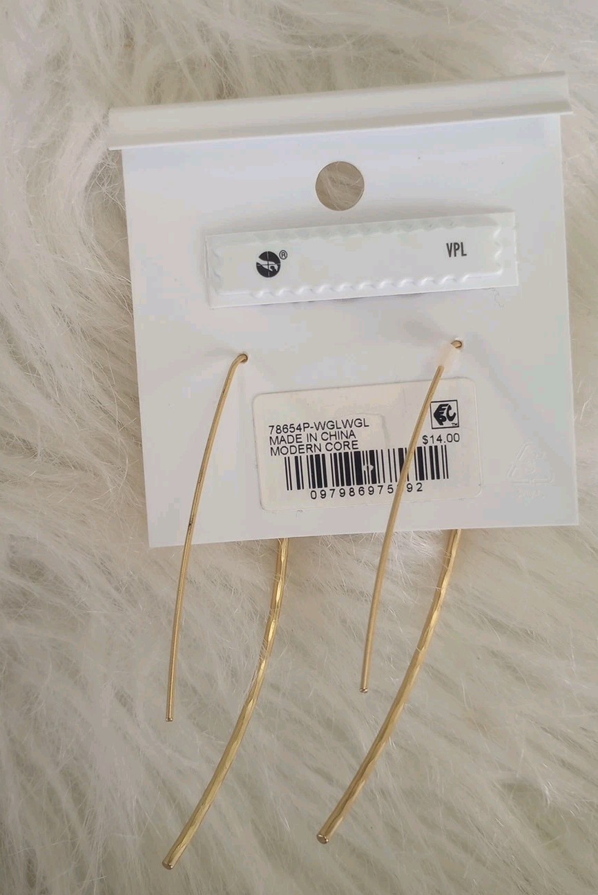 Earrings Threader Drop Yellow Gold Hammered Curved Long Medium M Women Earring
